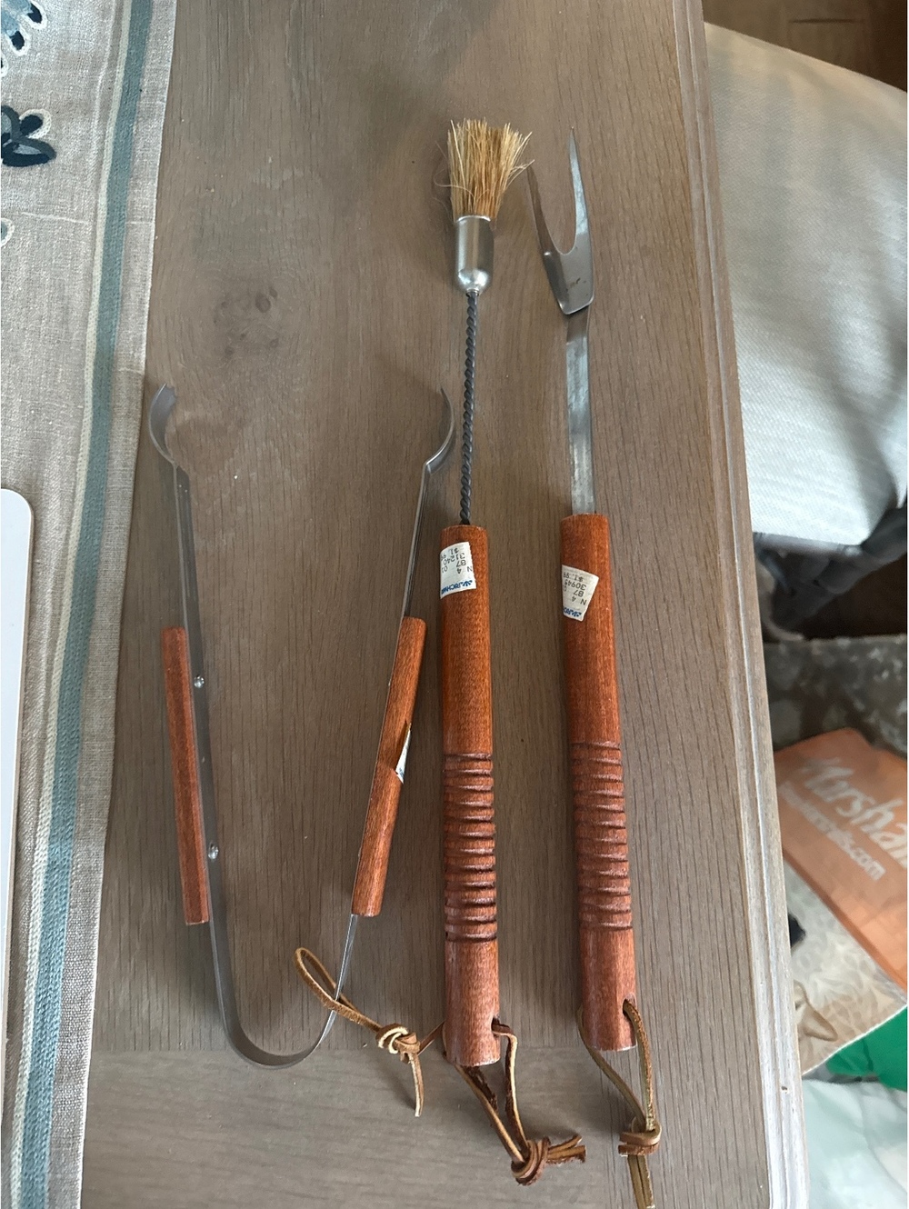 Vintage Richway BBQ Tool Set with Wooden Handles - Tongs, Fork, and Brush